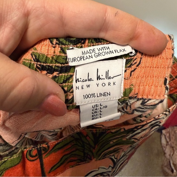 NWOT‎ Nicole Miller 100% Linen Pants Tropical Coastal Cropped Wide Flare Pant L - Picture 5 of 7